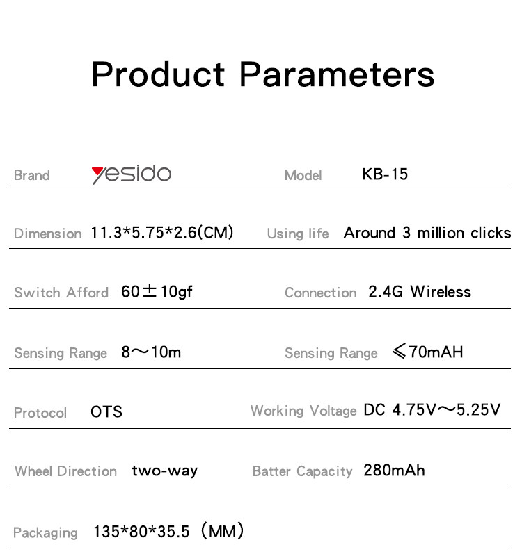 Yesido KB15 Wireless Mouse Parameter
