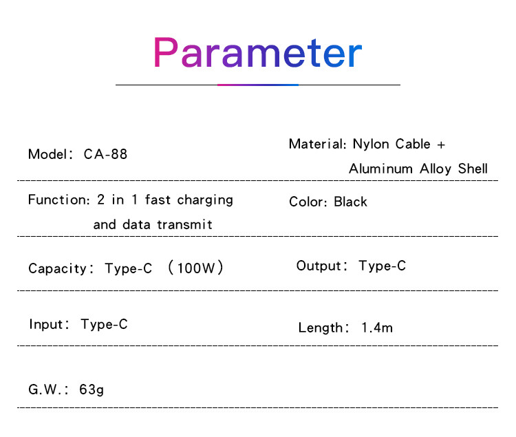 CA88 100W 2 in 1 TC To TC&TC Data Cable Parameter