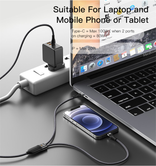 CA87 100W Super fast charging 2 in 1 TC to 8pin and USB C data cable for laptop tablet for iPhone
