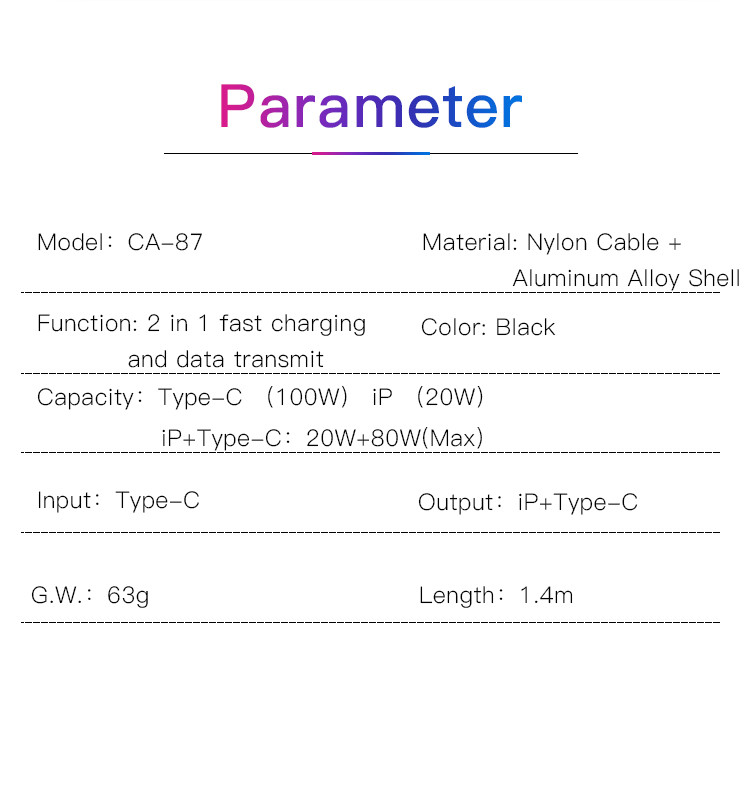 CA87 100W 2 in 1 TC To TC&IP Data Cable Parameter