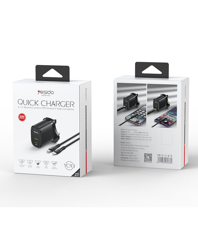 YC43 20W Wall Charger Adapter Packaging