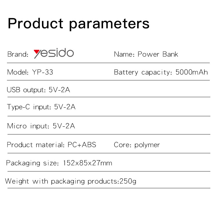 Yesido YP33 5000mAh Power Bank Parameter