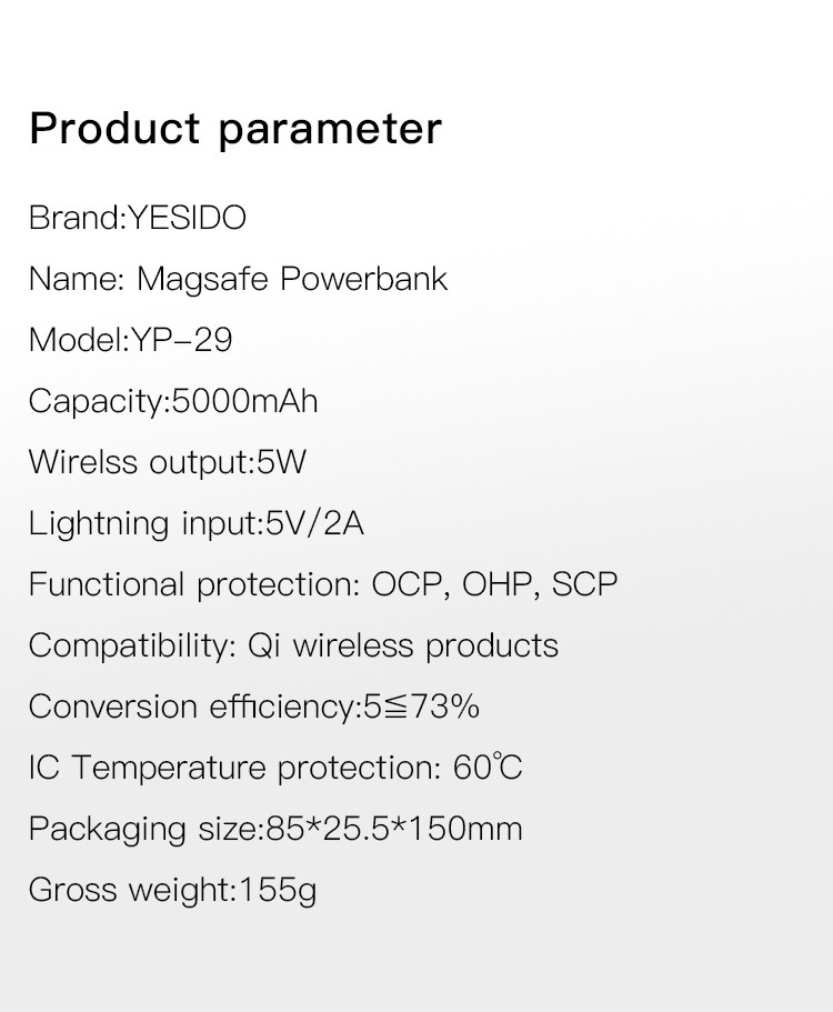 Yesido YP29 5000mAh Power Bank Parameter