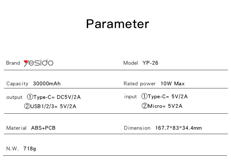 YP26 10W 30000mAh Power Bank Parameter