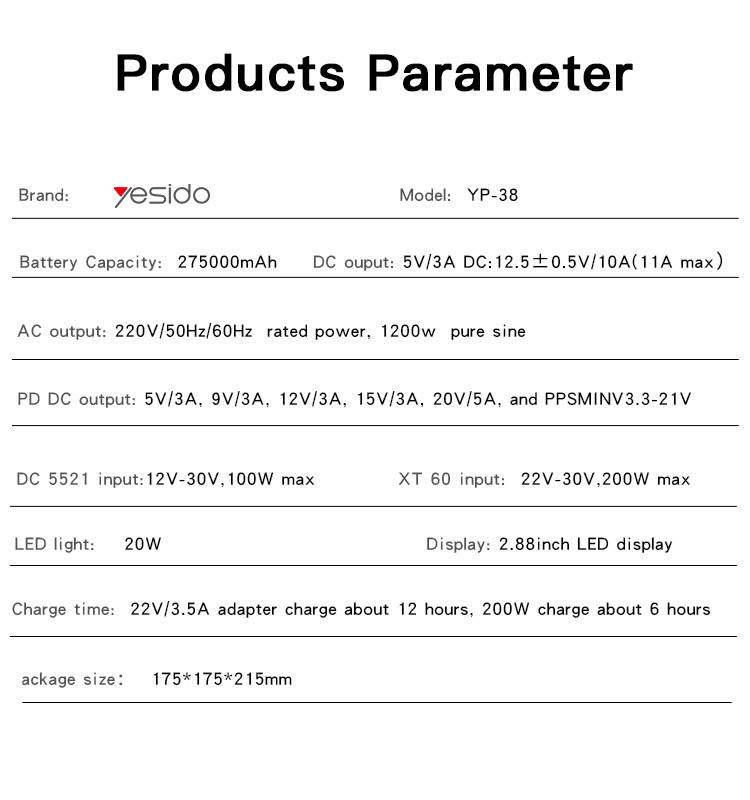 YP38 275000mAh Solar Power Station Parameter