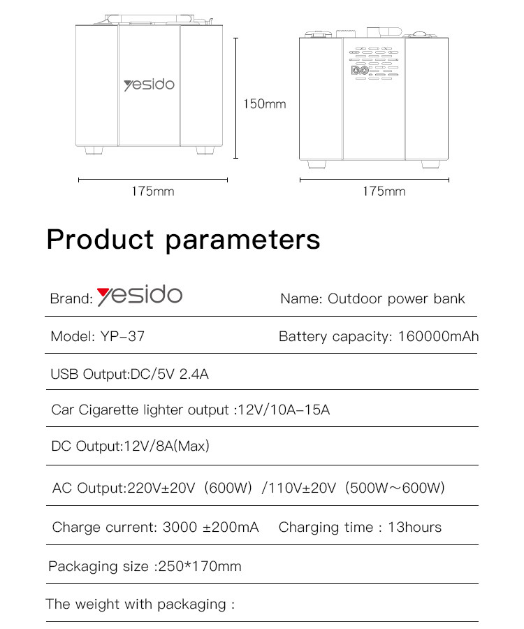 YP37 160000mAh Solar Power Station Parameter