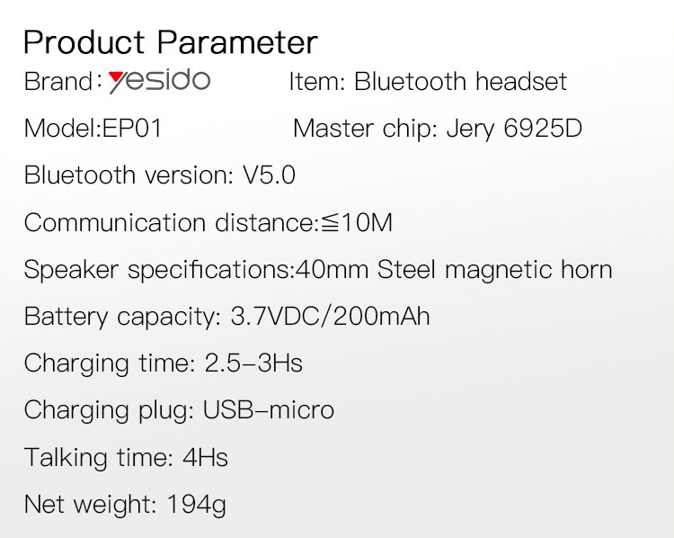 EP01 Wireless Bluetooth Gaming Headset Parameter