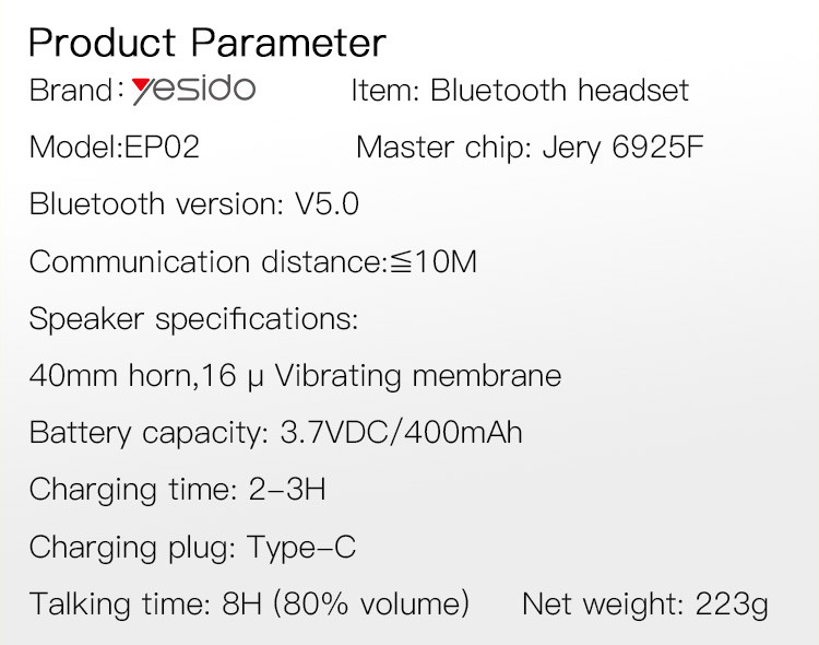 EP02 Wireless Bluetooth Gaming Headset Parameter
