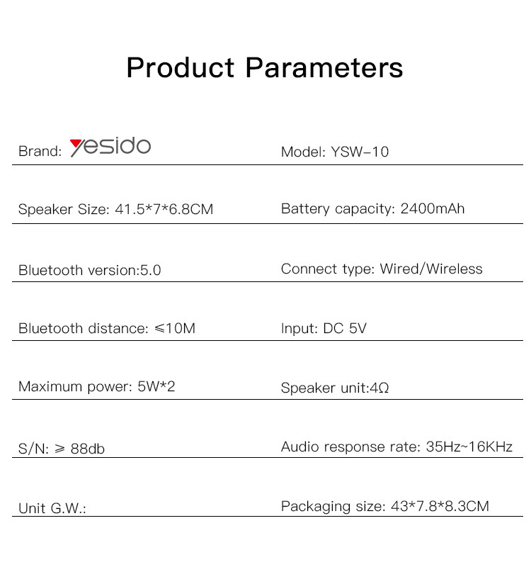 Yesido YSW10 10W Wireless Speaker Parameter