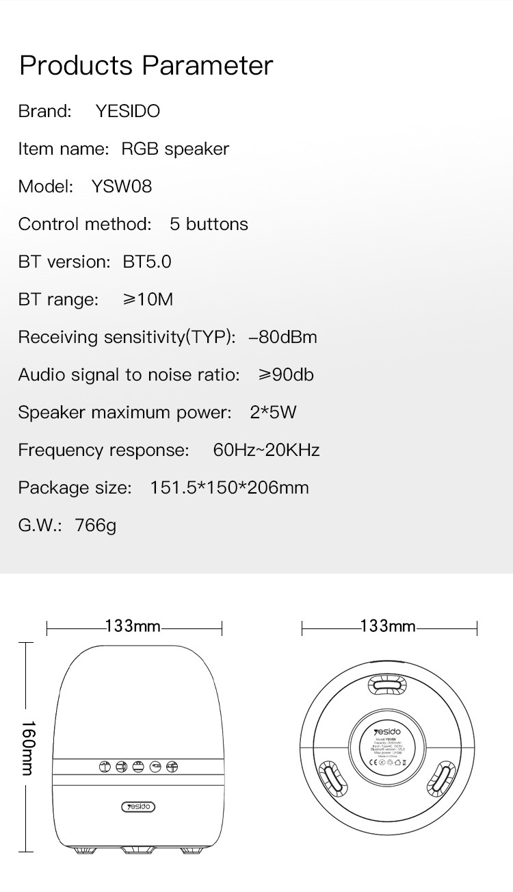Yesido YSW08 10W Wireless Speaker Parameter