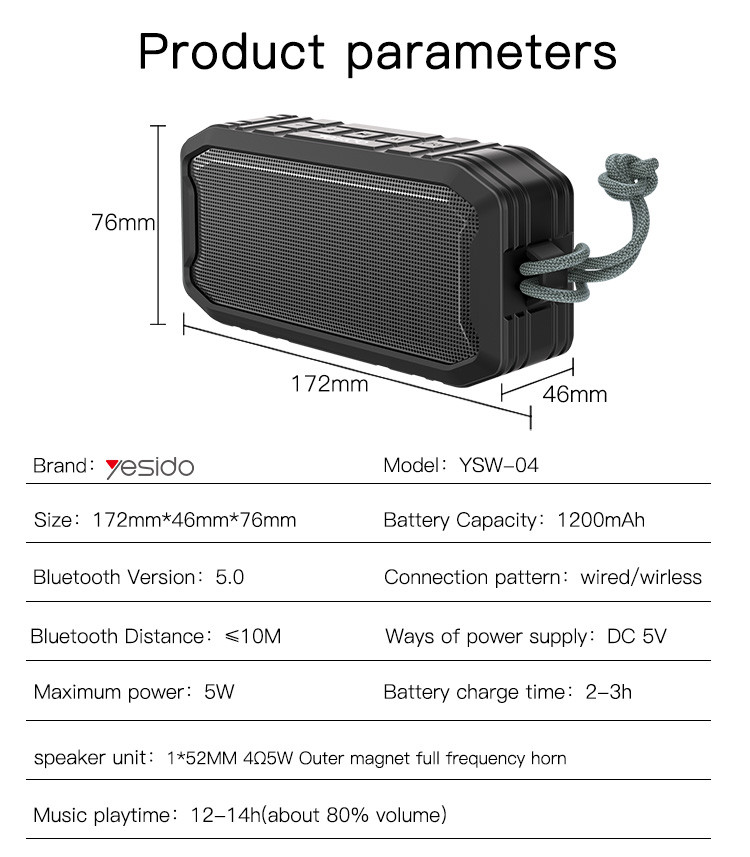 Yesido YSW04 5W Wireless Speaker Parameter