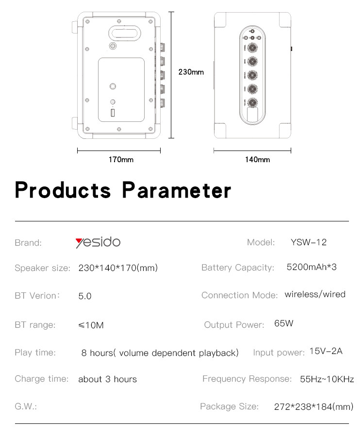 Yesido YSW12 30W Wireless Speaker Parameter