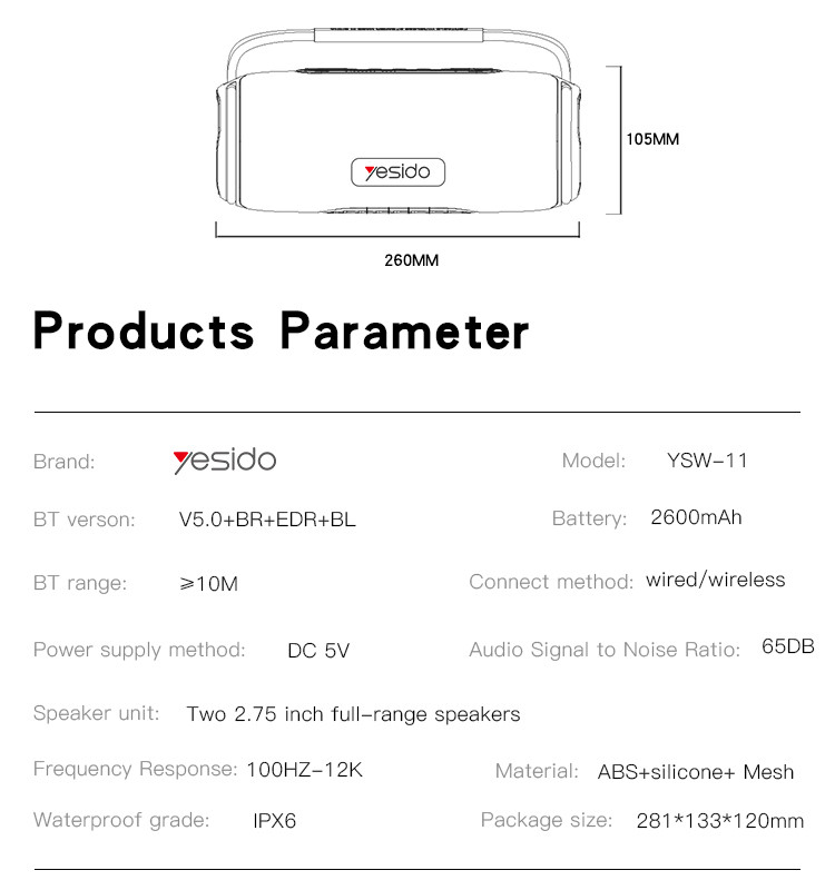 Yesido YSW11 40W Wireless Speaker Parameter