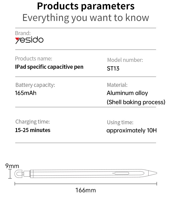 Yesido ST13 Lightning Plug Active Stylus Pen Parameter