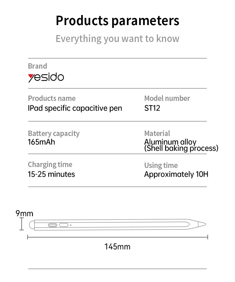 Yesido ST12 Active Stylus Pen Parameter