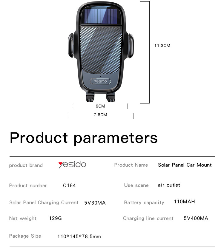 C164 Solar Power Clip Phone Holder Parameter