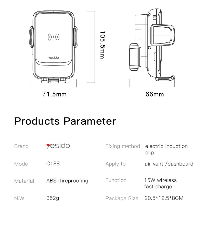 C188 15W Wireless Charging Phone Holder Parameter