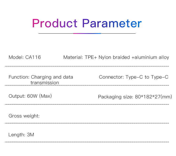 CA116 60W Type-C To Type-C Data Cable Parameter