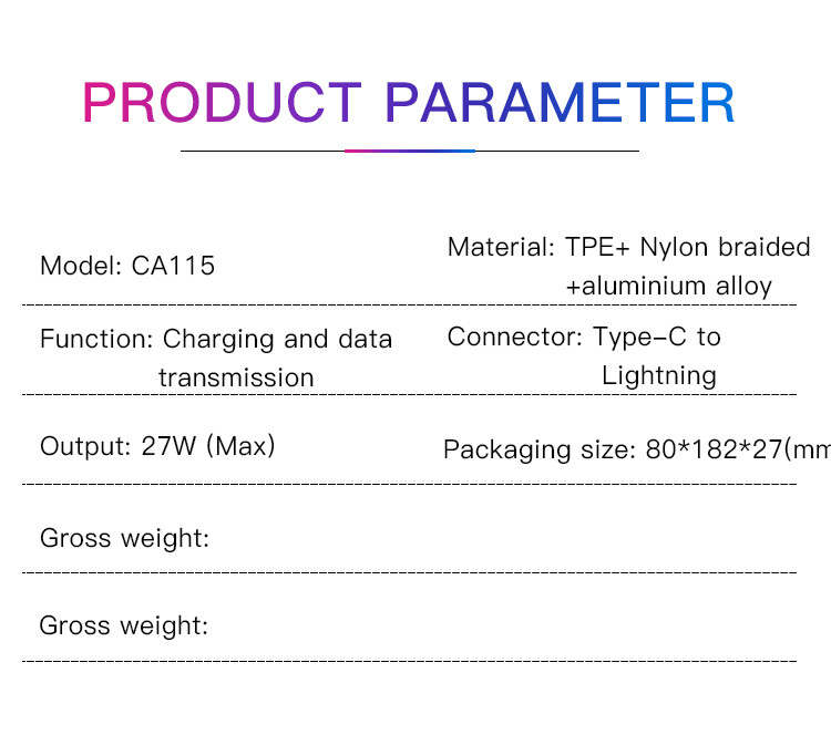 CA115 27W Type-C To Lightning Data Cable Parameter