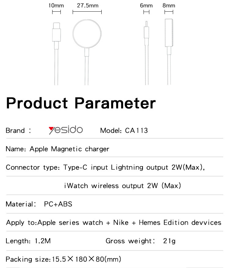 CA113 2 IN 1 Type-C Watch Cable Parameter