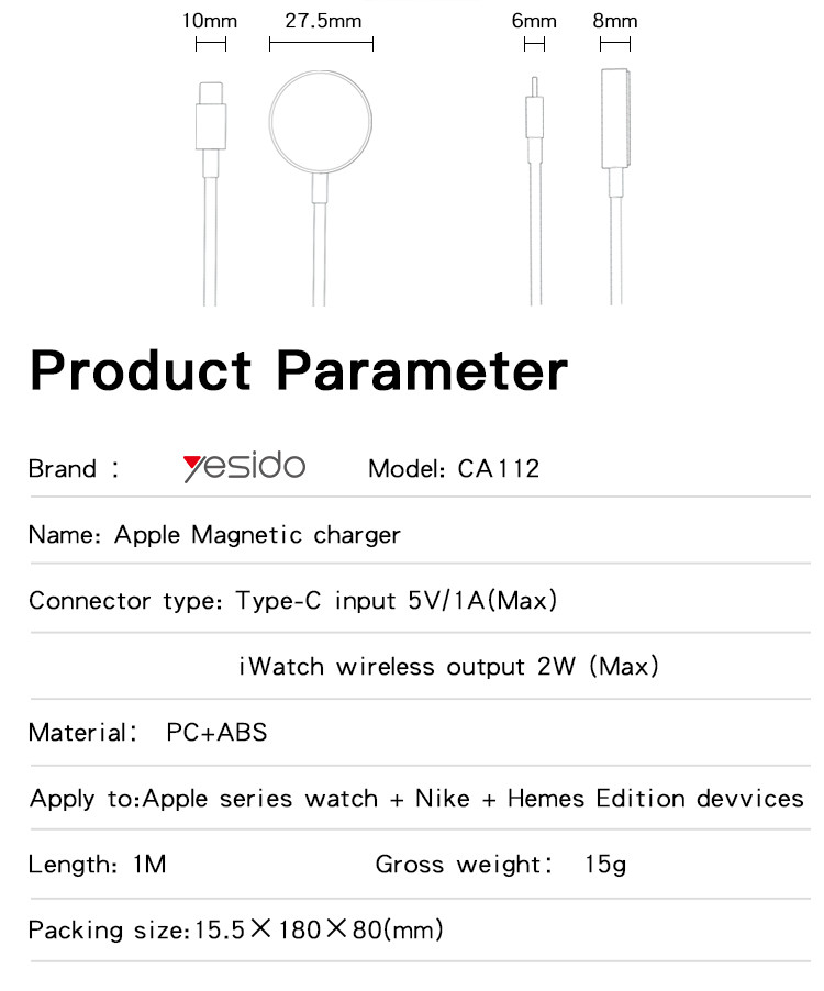 CA112 Wireless Charger Type-C Watch Cable  Parameter