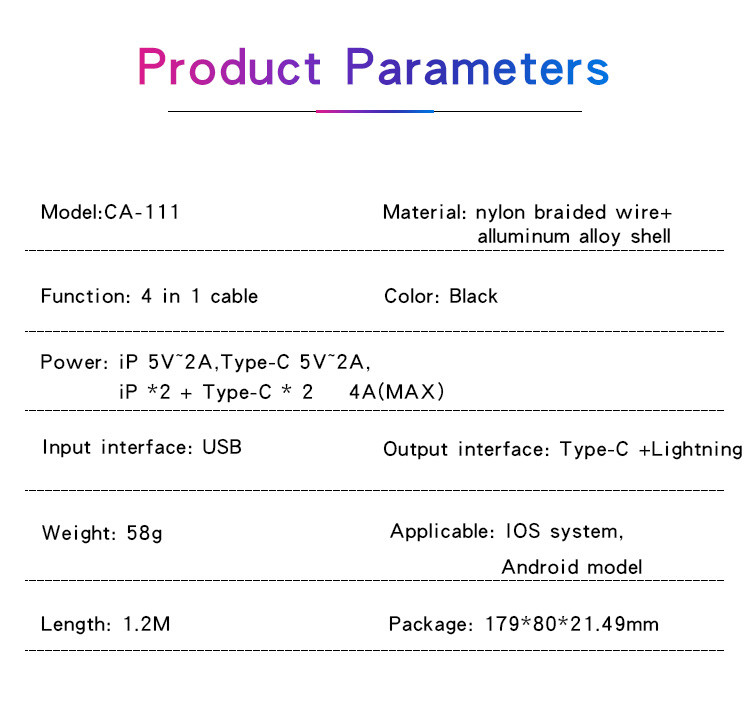CA111 4 in 1 USB Data Cable Parameter