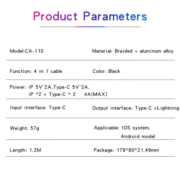 CA110 4 in 1 Type-C Data Cable Parameter