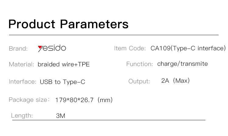 CA109 USB TO Type-C/Lightning/Micro Data Cable Parameter