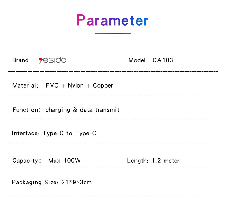 CA103 Type-C To Type-C 100W Fast Charging Data Cable Parameter