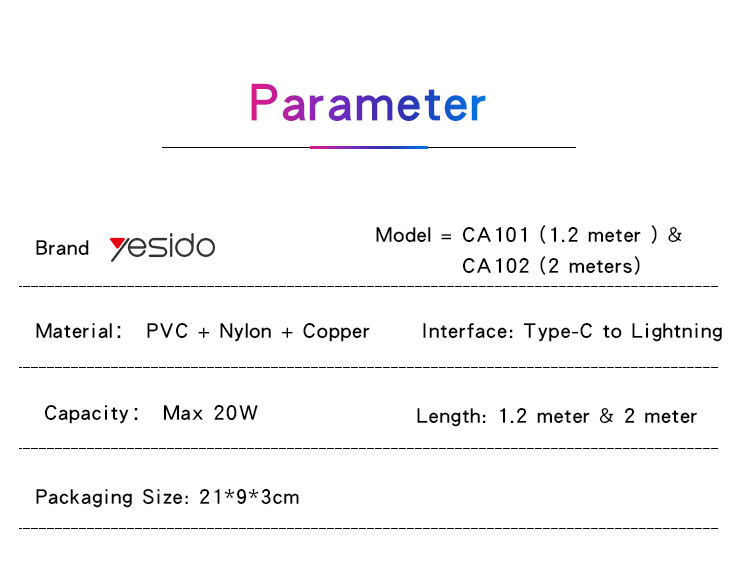 CA102 Type-C To Lightning 20W Fast Charging Data Cable Parameter