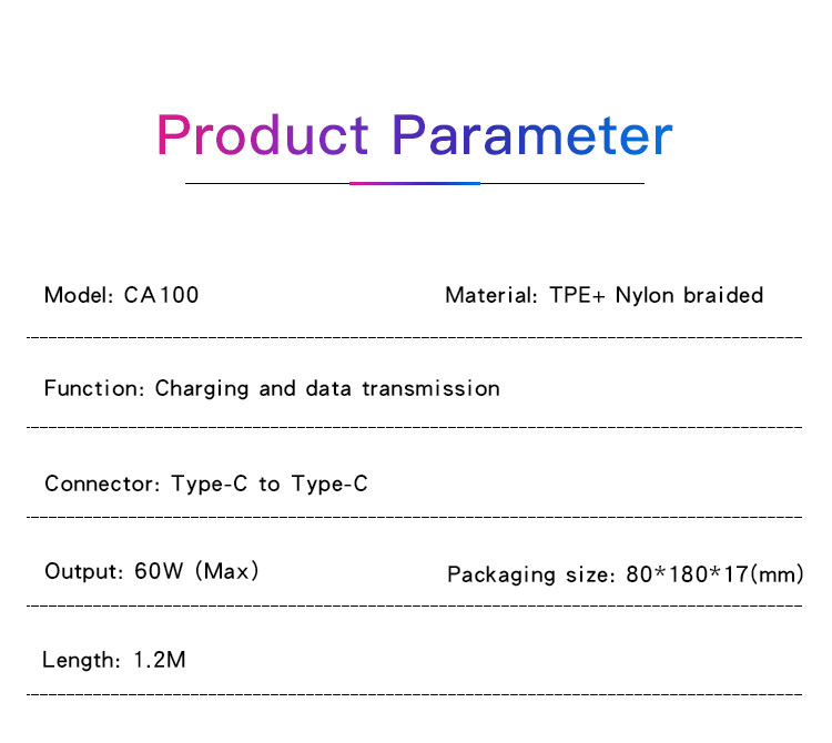 CA100 Type-C To Type-C 60W Fast Charging Data Cable Parameter