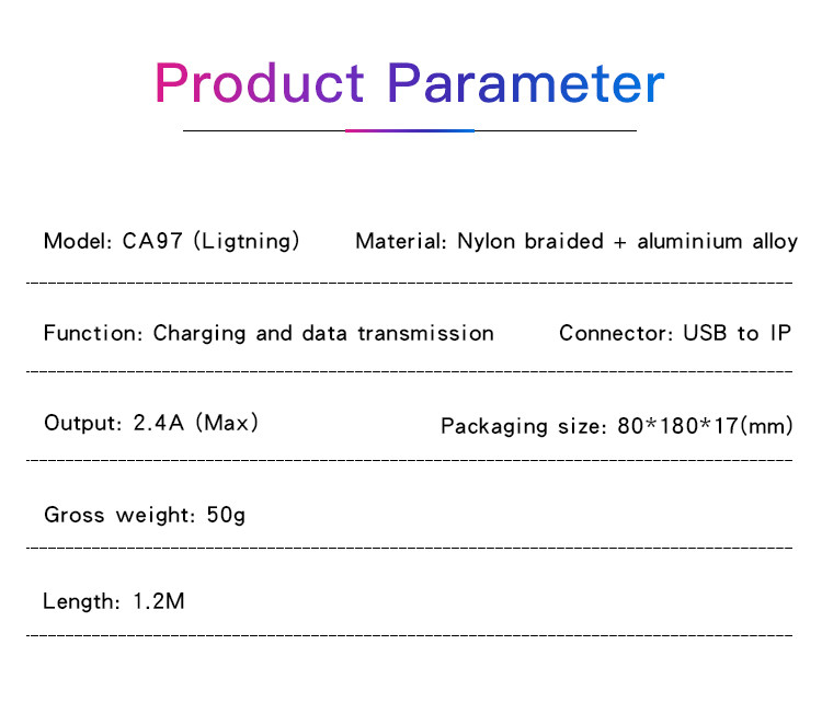CA97 USB To Lightning/Type-C/Micro Data Cable Parameter