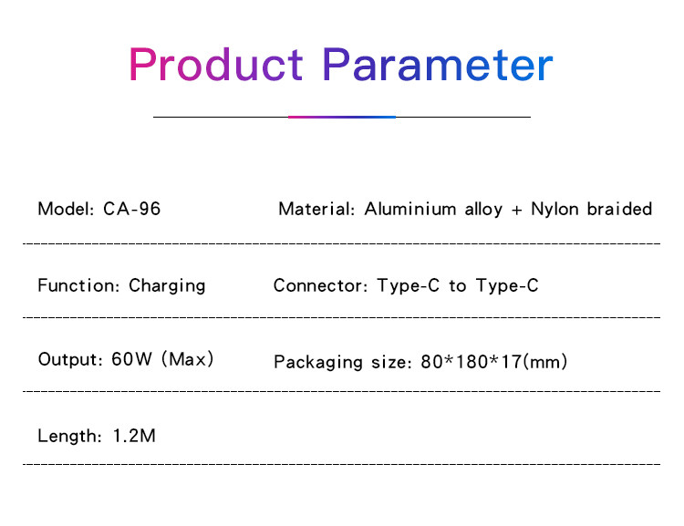 CA96 Type-C to Type-C Data Cable Parameter