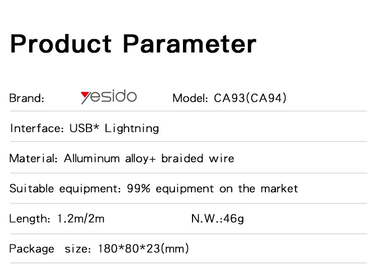 CA94 USB to Lighting/Type-C/Micro Data Cable Parameter