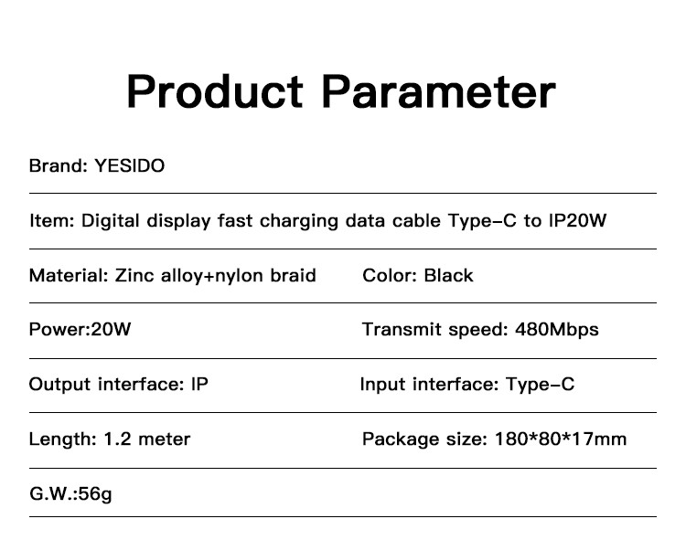 CA86 Type-C to Lighting Data Cable Parameter