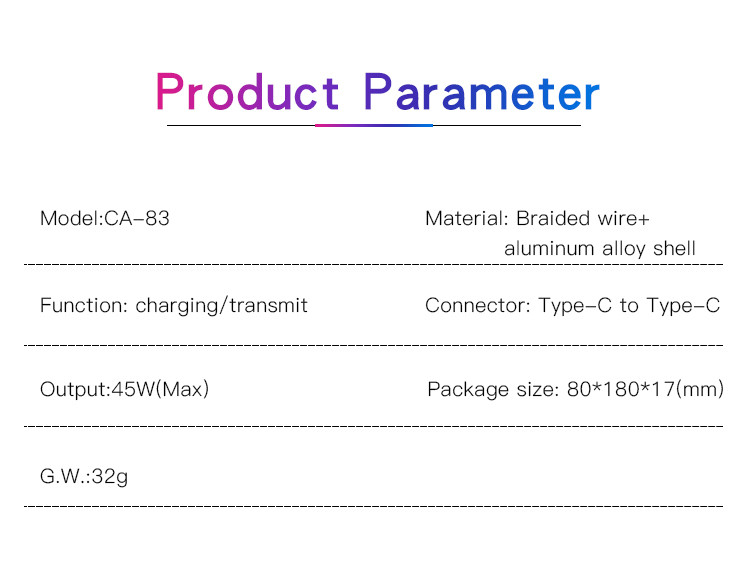 CA83 Type-C To Type-C Data Cable Parameter