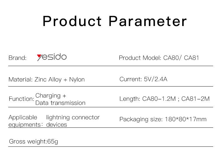 CA80 USB To Lightning/Type-C/ Micro Data Cable Parameter