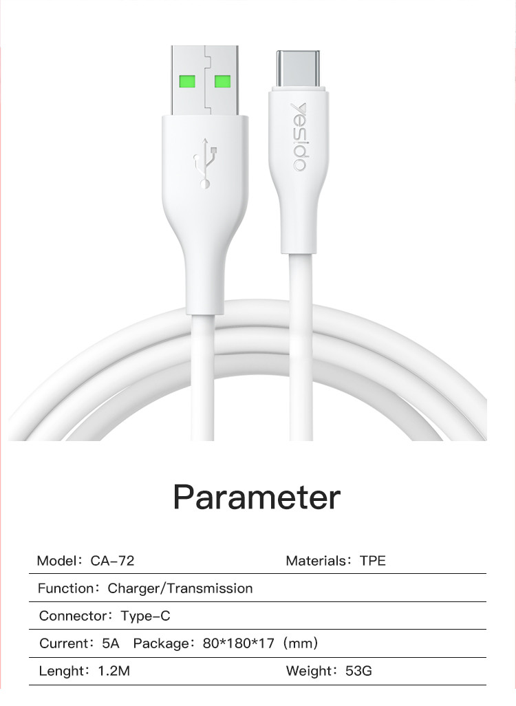 CA72 USB To Type-C Data Cable Parameter