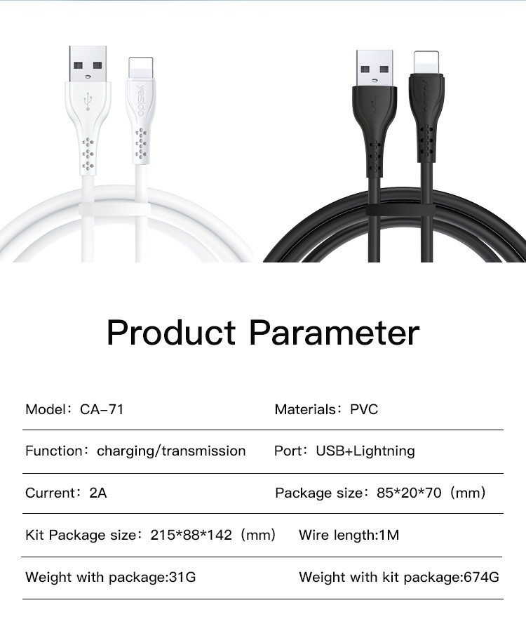 CA71 USB To Type-C/Lightning/Micro Data Cable Parameter