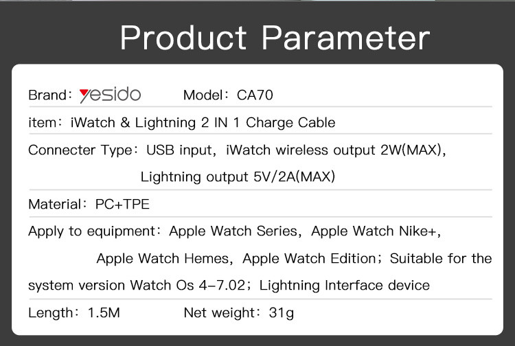 CA70 Watch Wireless Charging Dock Parameter