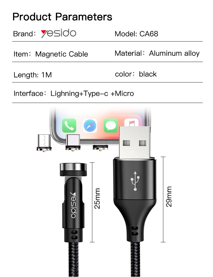 CA68 Detachable 3 In 1 Magnetic Data Cable Parameter