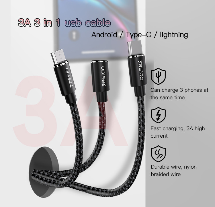 CA60 3 IN 1 USB to Lightning/Micro/Type-C Data Cable