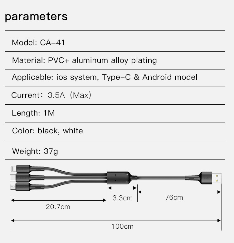 CA41 3 IN 1 USB To Lightning Micro Type-C Data Cable Parameter