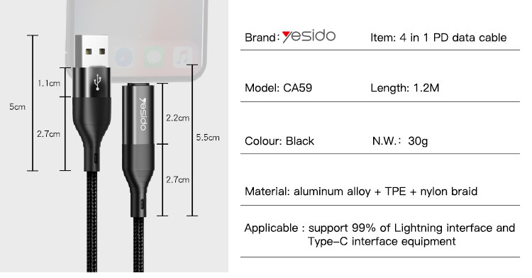 CA59 4 IN 1 Fast Charging Data Cable Parameter