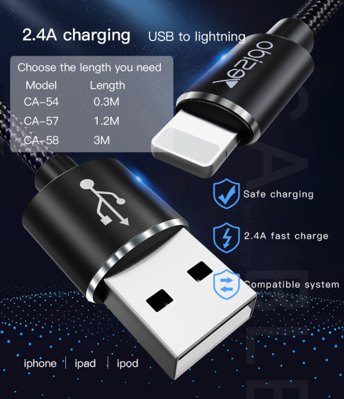 CA58 Factory 2.4A 3M  Long Mobile Phone Charger USB To Lightning/Micro/Type-C Data Cable