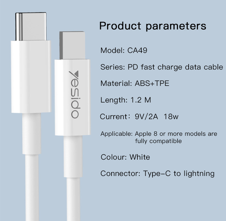 CA49 Type-C To Lightning Data Cable Parameter