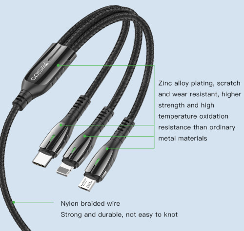 CA44 3 IN 1 5A Fast Charging Data Cable USB To Micro Type-C Lightning Charger Data Cable