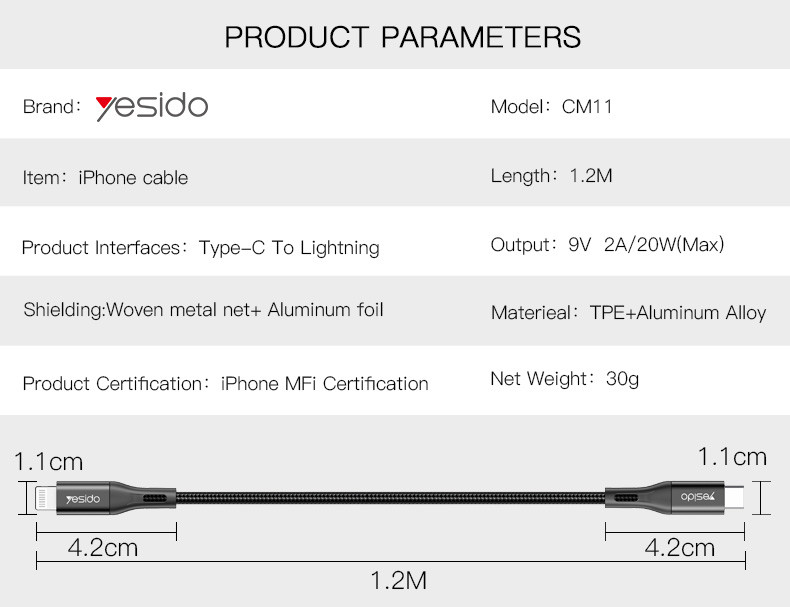 CM11 Type-C To Lightning Data Cable Parameter