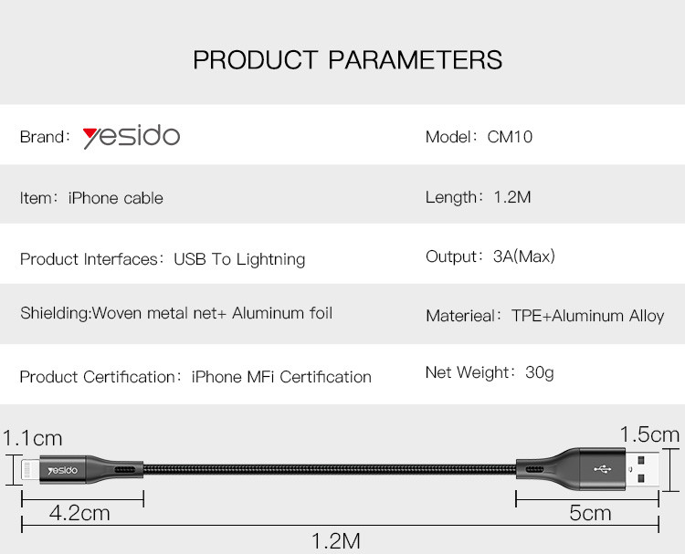 CM10 USB To Type-C Data Cable Parameter