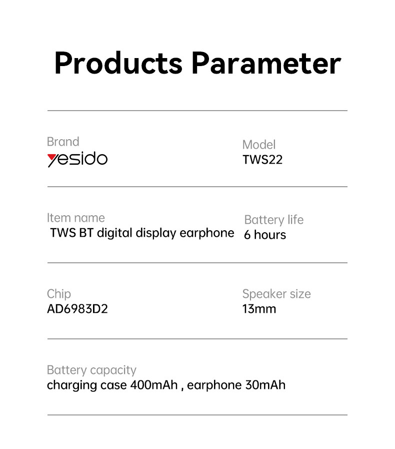 TWS22 TWS BT Digital Display Earphone Parameter